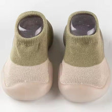 Load image into Gallery viewer, Tiny Urban Walkers Sock Shoes – Soft and breathable sock shoes designed for new walkers. Featuring a stretchy knit upper for comfort and flexibility, with a lightweight, non-slip sole for stability on any surface. These slip-on shoes are perfect for indoor and outdoor play, offering superior traction and protection with a rubber anti-collision toe cap. Available in pastel colors, they provide both style and support for your baby's first steps."