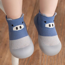 Load image into Gallery viewer, Critter Kicks animal-themed baby shoes with breathable knit fabric, featuring cute animal faces like bears and foxes. Slip-on design with flexible non-slip soles, ideal for first walkers. Soft and lightweight with anti-slip grips, these shoes provide comfort and support for little explorers, available in multiple sizes and colors.