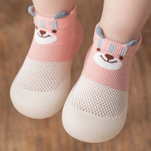 Load image into Gallery viewer, Critter Kicks animal-themed baby shoes with breathable knit fabric, featuring cute animal faces like bears and foxes. Slip-on design with flexible non-slip soles, ideal for first walkers. Soft and lightweight with anti-slip grips, these shoes provide comfort and support for little explorers, available in multiple sizes and colors.