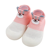 Load image into Gallery viewer, Critter Kicks animal-themed baby shoes with breathable knit fabric, featuring cute animal faces like bears and foxes. Slip-on design with flexible non-slip soles, ideal for first walkers. Soft and lightweight with anti-slip grips, these shoes provide comfort and support for little explorers, available in multiple sizes and colors.