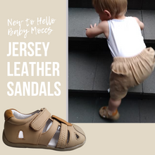 Load and play video in Gallery viewer, Jersey Leather Toddler Sandal Hello Baby Moccs
