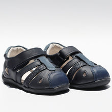 Load image into Gallery viewer, Jersey Leather Sandals Hello Baby Moccs Navy leather 12cm (6-12 months) 
