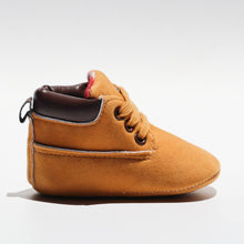 Load image into Gallery viewer, Little Tradie Booties – Adorable pre-walker or first walker booties for boys and girls, designed with a faux-leather upper, plaid-patterned lining, and soft cotton-reinforced soles. Featuring long laces for a snug fit and decorative tab details, these booties offer a cute and protective option for little feet. Soft, lightweight, and water-resistant, they’re perfect for active little tradies!