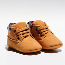 Load image into Gallery viewer, Little Tradie Booties – Adorable pre-walker or first walker booties for boys and girls, designed with a faux-leather upper, plaid-patterned lining, and soft cotton-reinforced soles. Featuring long laces for a snug fit and decorative tab details, these booties offer a cute and protective option for little feet. Soft, lightweight, and water-resistant, they’re perfect for active little tradies!