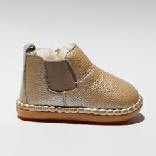 Load image into Gallery viewer, Plush Mini Boots (leather) Hello Baby Moccs Beeswax shimmer 12cm (6-12 months) 
