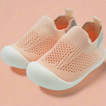 Load image into Gallery viewer, Crafted for comfort and stability, these first walker shoes are perfect for little ones taking their first steps. The soft, breathable knit upper provides a snug yet flexible fit, allowing tiny feet to move naturally and comfortably. With a lightweight, non-slip sole, these shoes offer essential grip and support as your baby learns to walk with confidence
